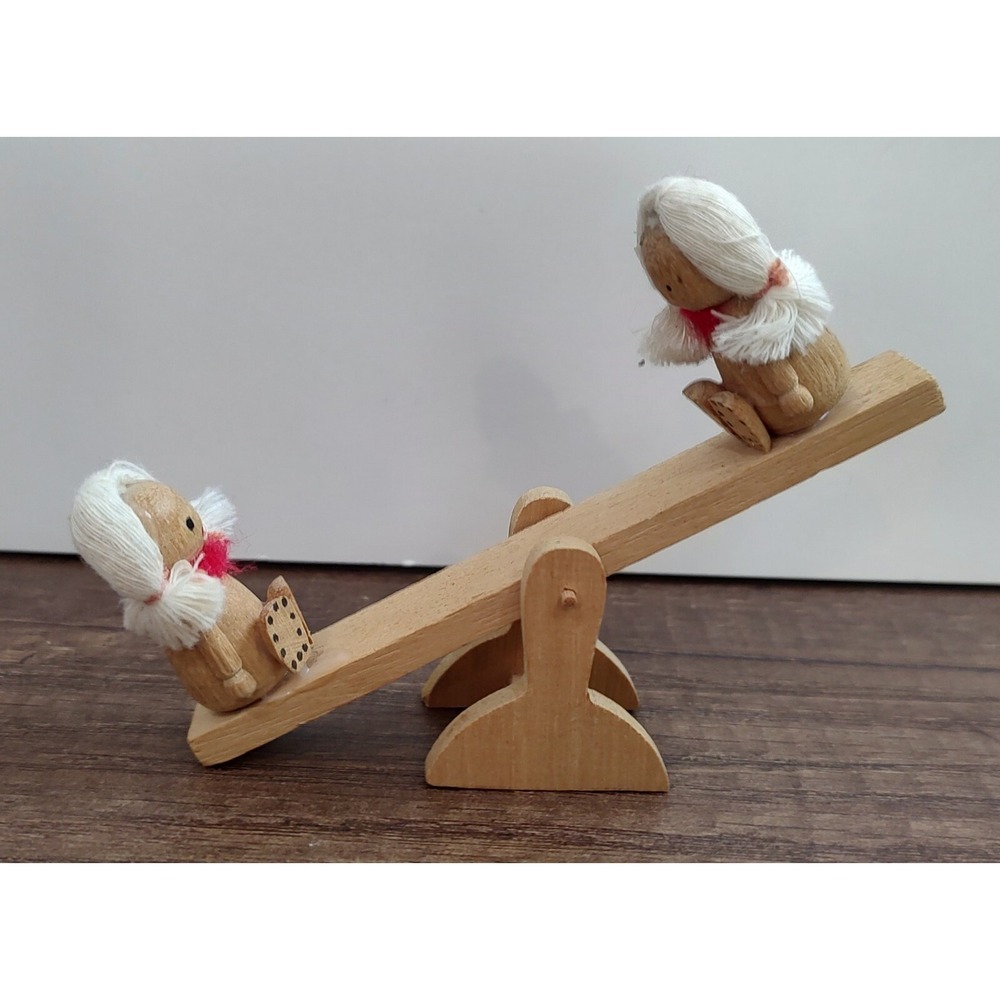 Vintage Wooden See-Saw Christmas Ornament Miniature Wooden Dolls A10